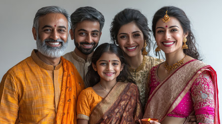 indian family celebrating diwali or hindu festival of lightsの素材