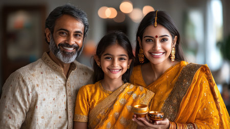 Indian family celebrating diwali or any other festivals, such as Makar Sankranti.の素材