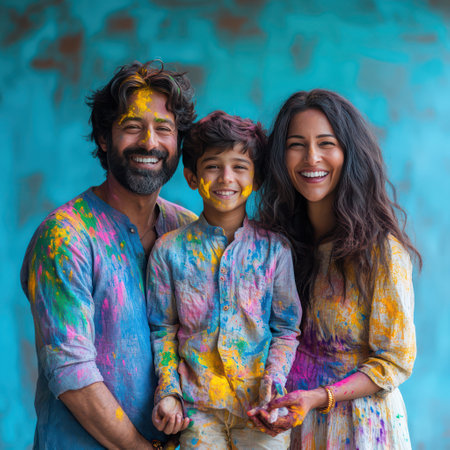 Portrait of happy Indian family with holi powder on face.の素材