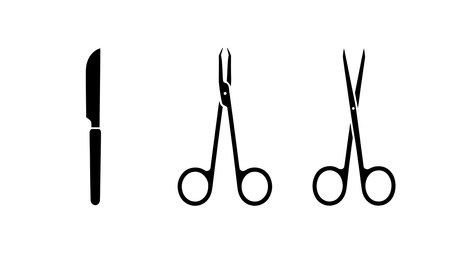 A detailed vector illustration of a scalpel, forceps, and scissors on a clean white background, showcasing common medical surgical tools.のイラスト素材