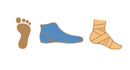 A vector illustration featuring a brown footprint, a blue shoe, and a bandaged foot, set against a...