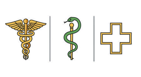 A detailed vector illustration featuring three prominent medical symbols: the Rod of Asclepius with...