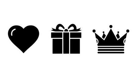 A simple, black vector illustration of a heart, a gift box with a ribbon, and a crown, set against a clean white background, evoking feelings of love, luxury, and celebration.のイラスト素材