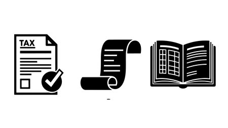 A black and white vector illustration featuring a tax document with a checkmark, a receipt, and an open book, conveying themes of finance, accounting, and education in a simple and iconic style.のイラスト素材