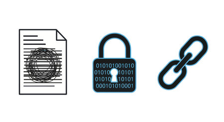 A vector illustration featuring a secure document with redacted information, a padlock with binary...