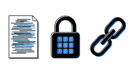 Lock, chain and document icon. Vector illustration in blue and black colors.