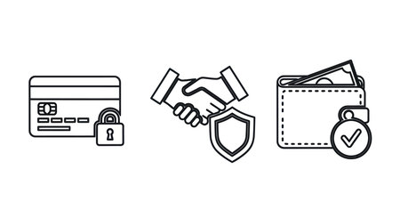 Credit card security line icons set. Handshake, shield, wallet, lock. Vector illustrationのイラスト素材