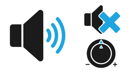 A detailed vector illustration of three audio control icons on a white background, including a speaker with sound waves, a crossed-out speaker, and a volume control knob.のイラスト素材