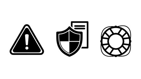 A vector illustration featuring a warning sign with an exclamation mark, a shield with a document,...