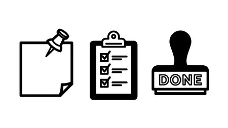 A set of three black and white vector icons depicting task completion, including a paper with a...