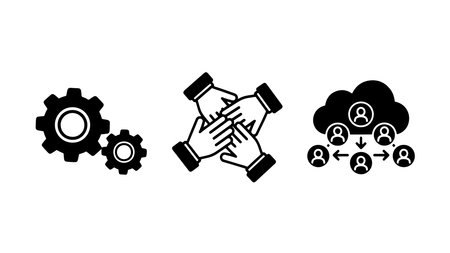 A black and white vector illustration depicting concepts of business partnership and teamwork through simple icons.のイラスト素材