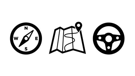 A black and white vector illustration featuring three navigation icons: a compass, a map with a...