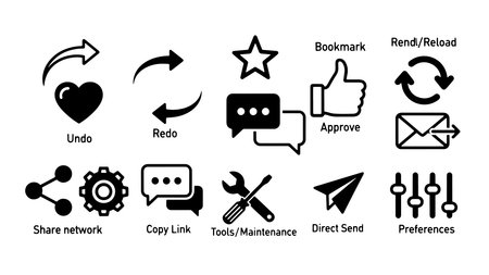 A detailed vector illustration featuring a collection of 12 icons representing common web and application interface elements, set against a clean white background with clear labels for each symbol, evoking a sense of modern digital design and user experience.のイラスト素材