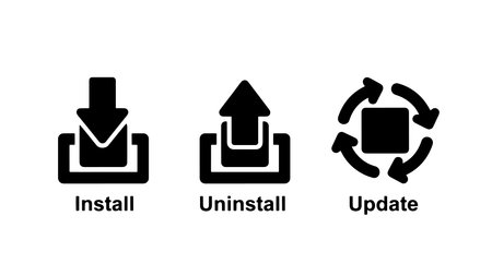 A detailed vector illustration featuring three software installation icons: install, uninstall, and update, set against a clean white background with bold black graphics.のイラスト素材