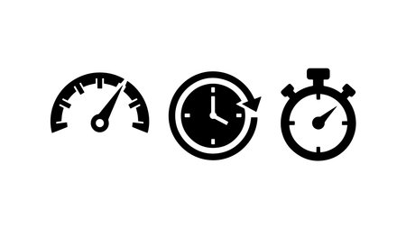 A detailed vector illustration of three icons: a speedometer, a clock with a circular arrow, and a...
