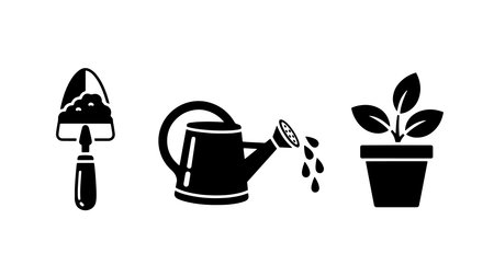 A black and white vector illustration of a trowel, watering can, and potted plant on a plain background, conveying a sense of gardening and growth.のイラスト素材
