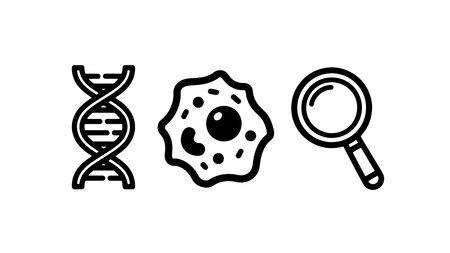 A detailed vector illustration featuring a DNA double helix, a cell with a nucleus, and a magnifying glass, set against a clean white background with bold black lines, conveying a sense of scientific inquiry and discovery.のイラスト素材