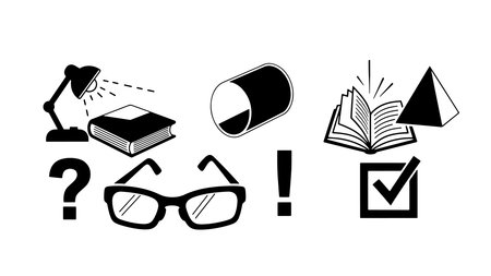A black and white vector illustration featuring various symbols related to education and healthcare, including a lamp, books, glasses, a question mark, an exclamation point, a checkmark, and a capsule, all presented in a simple and clean style.のイラスト素材