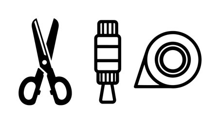 A simple black and white vector illustration of three common office and crafting supplies: a pair of scissors, a bottle of glue, and a roll of tape, set against a clean white background.のイラスト素材