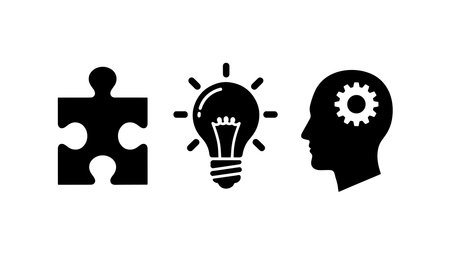 A vector illustration featuring a puzzle piece, a light bulb, and a human head with a gear inside, set against a clean white background with bold black graphics, conveying a sense of innovation and problem-solving.のイラスト素材