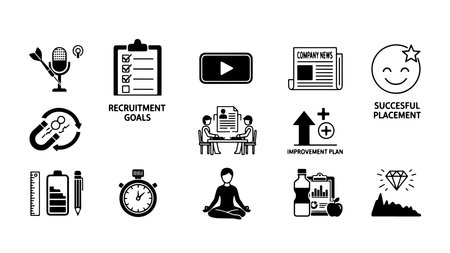 A black and white vector illustration featuring various icons related to business and productivity, including a microphone, clipboard, play button, newspaper, clock, and more, set against a clean white background with a focus on recruitment goals and successful placement.のイラスト素材