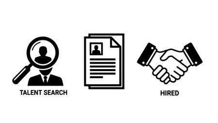 A simple black and white vector illustration depicting the recruitment process, featuring a magnifying glass over a candidate, a resume, and a handshake, symbolizing talent search, selection, and hiring.のイラスト素材