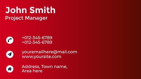 A professional project manager's contact information displayed on a red background for corporate...