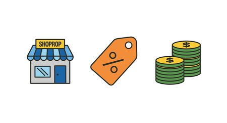 A set of business finance icons featuring a shop prop, coins, and a discount tag on a clean white background, ideal for commercial and financial concepts.