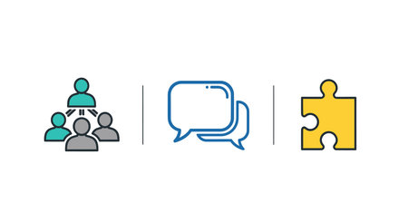A set of business finance icons representing teamwork, communication, and partnership on a white background for corporate and financial concepts.