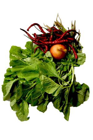 spinach, shallots and chili ready to cookの写真素材