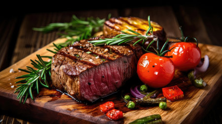 Grilled beef steak with rosemary and tomatoes on a wooden board
[AI Generated]の素材