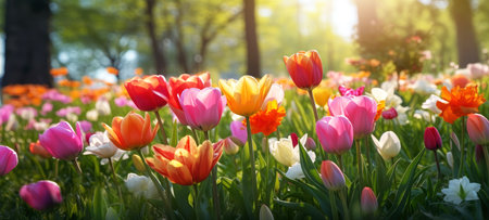 Colorful tulip flowers blooming in the garden. Spring landscape.の素材