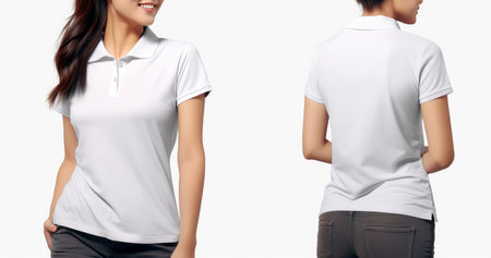 Women wearing blank white polo shirt template, front and back view for mockupの素材