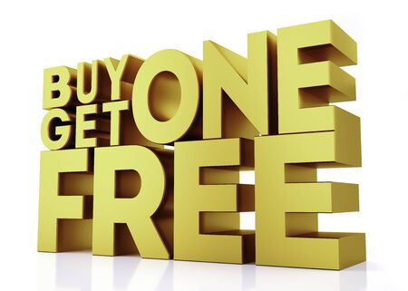 3D Gold Render - Buy One Get One Free on white background with reflection.の写真素材
