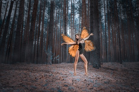 girl butterfly vs red wings in a black bodysuit on forestの写真素材