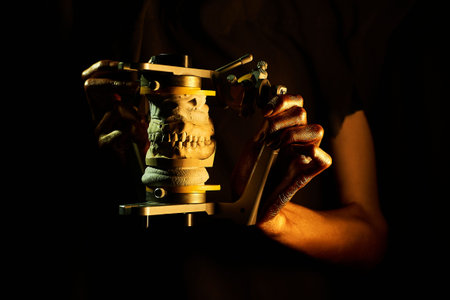 two golden hands with a dental instrument on a black background