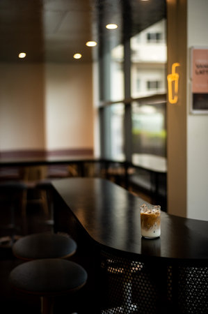 Coffee with ice on table in coffee shop, stock photoの写真素材