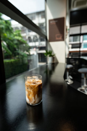 Iced coffee on the table in coffee shop cafe, stock photoの写真素材