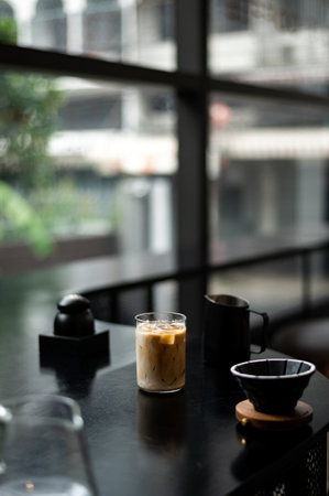 Iced coffee on black table in coffee shop cafe, stock photoの写真素材