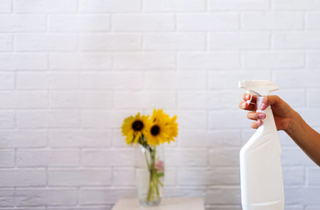 cleaning the house, female hand with a spray gun on the background of a white brick wall and yellow...