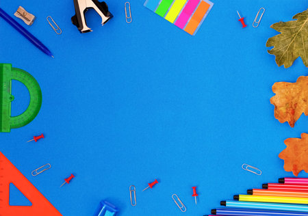 Flatlay banner copy space back to school for stationery stores. for schools, offices, rulers, pens,...