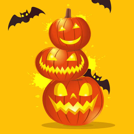 Happy Halloween. Festive background with realistic 3d orange pumpkins with cut scary smile, flying bats. Holiday poster, flyer, brochure and template cover. Vector illustrationのイラスト素材
