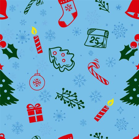 Christmas vector pattern with snowflakes, santa sock, tree, gift, candle. Christmas decoration....