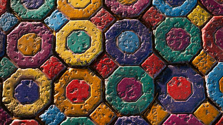 bright paving slabs hexagon, rhombus multicolored vintage. Top view of the road from stone paving slabs.の写真素材