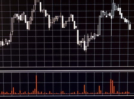 financial exchange chart consisting of black and white Japanese candles buy sell bulls bears take...