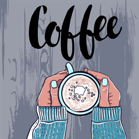 coffee break, warm coffee in the cold season, warm your hands on a hot cup, hands in a sweater winterのイラスト素材