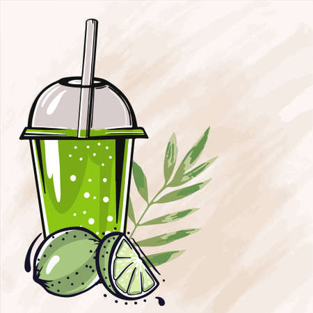 green fresh fruit citrus lime juice cocktail in plastic juice glass, sketch for your designのイラスト素材