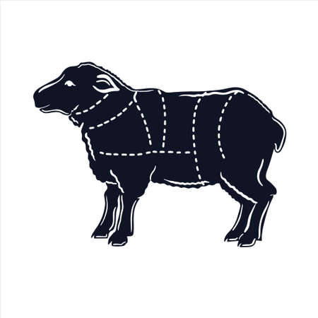 black and white icon of ram, sheep, livestock with lines of carcass parts. Agriculture. Vector farm animalsのイラスト素材