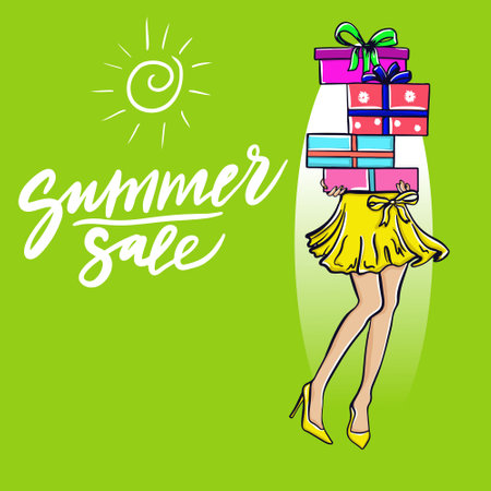 Elegant girl shopping in summer sale gift boxes advertising templateのイラスト素材