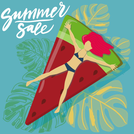 Hot summer sale. A girl lies on an inflatable mattress in the form of a watermelon with tropical leaves.のイラスト素材